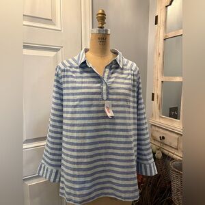 Vineyard Vines Blue and White‎ High Low Linen/Cotton Pullover